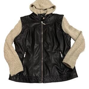 LA Coalition Moto Jacket Womens Size Medium Black Faux Leather Motorcycle Hooded